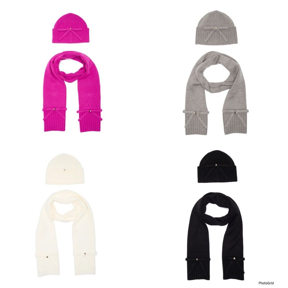 Kate Spade Bow Knit Beanie and Scarf Set - Pink/Black/Cream/Grey - NWT